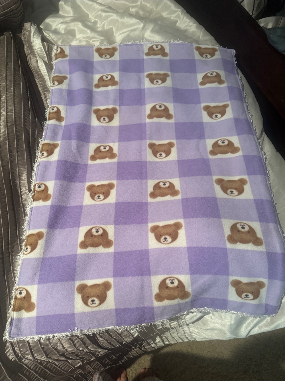 Plush Teddy Bear Fleece Throw Baby Blanket - Lavender Check